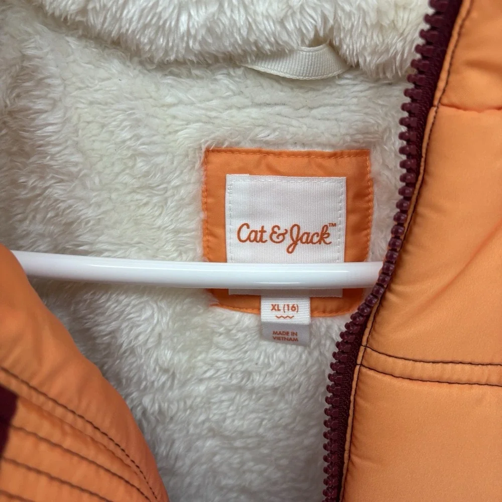 Cat & Jack Rare Goose Down Hooded Puffer Jacket Fur Lined Elbow Pads Youth XL 16